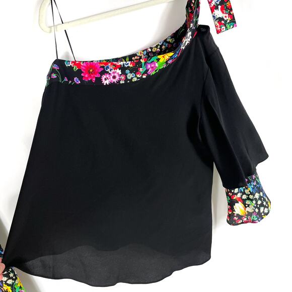 ETRO Floral Pants Set Black Silk 2pc One Shoulder Top Wide Leg Sz 42 IT / M - Picture 5 of 15